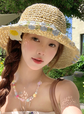 薄荷曼波花朵编织渔夫帽女夏海边