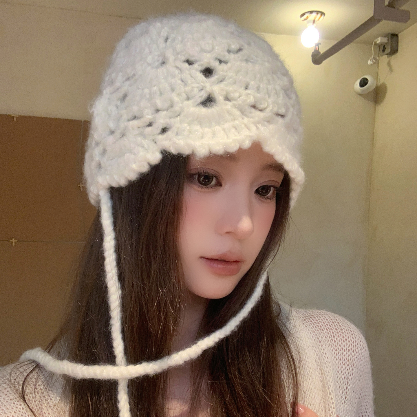 手工编织花朵镂空包头帽子女秋冬