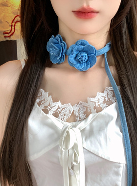 牛仔蓝色花朵颈链法式复古脖链