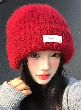 新年红色大头围毛线帽女冬2025新款加厚保暖冷帽防寒护耳针织帽子