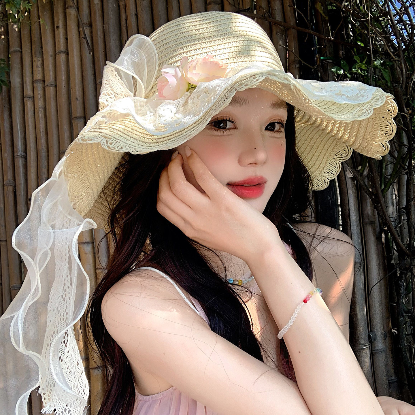 法式蕾丝蝴蝶结花朵草帽女夏海边图片