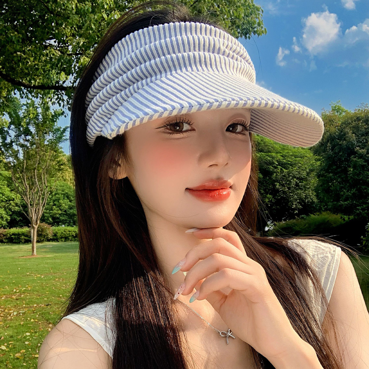 户外蓝色条纹空顶帽女夏季大帽檐图片