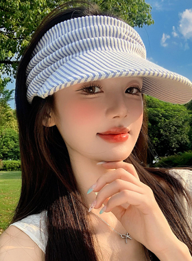 户外蓝色条纹空顶帽女夏季大帽檐运动发带网球帽遮阳防晒太阳帽子