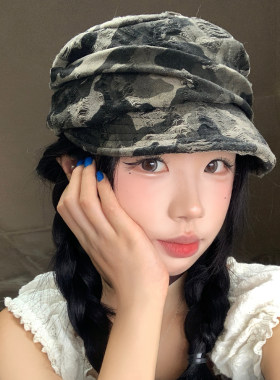 美式迷彩破洞褶皱鸭舌贝雷帽子女