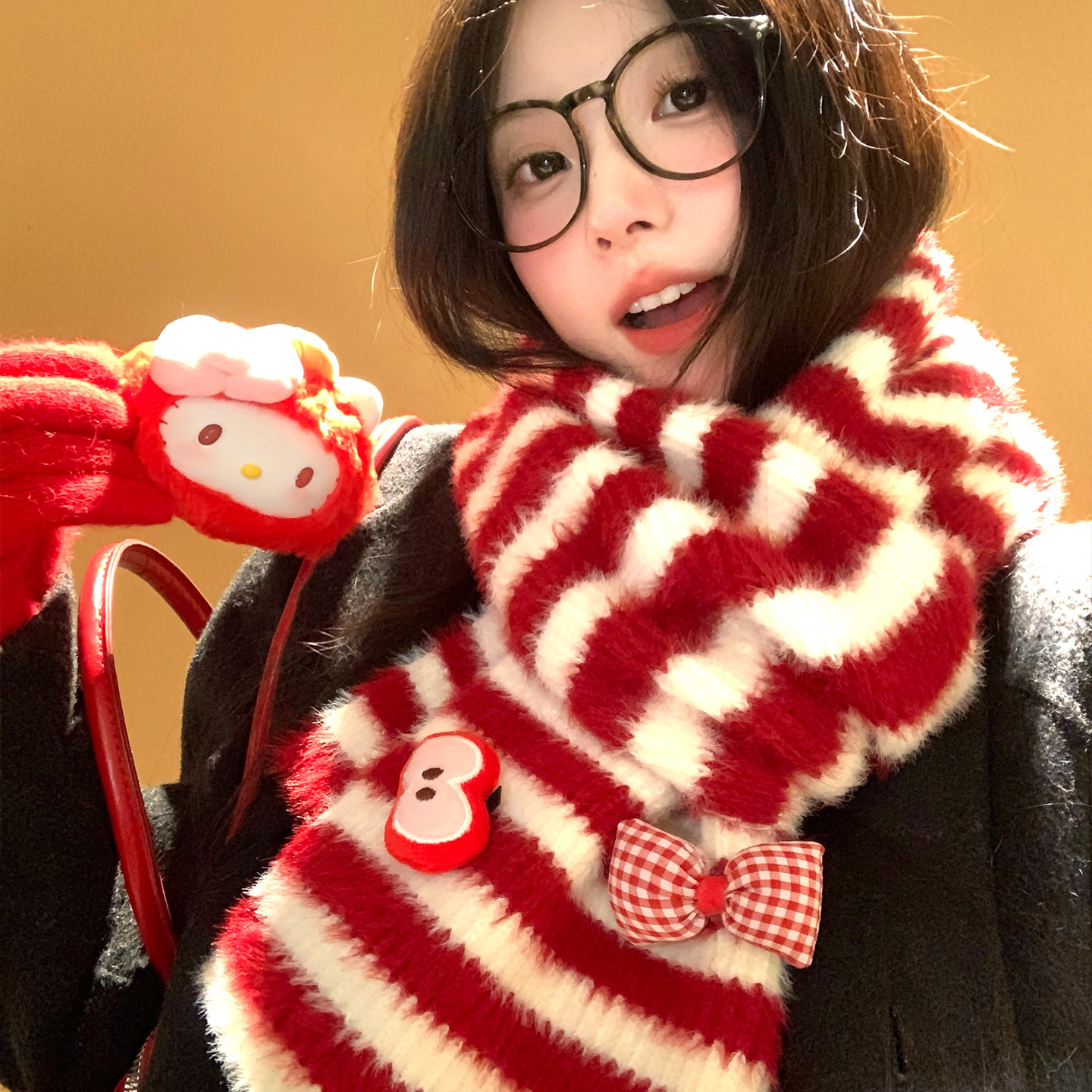 可爱苹果条纹蝴蝶结毛绒针织围巾