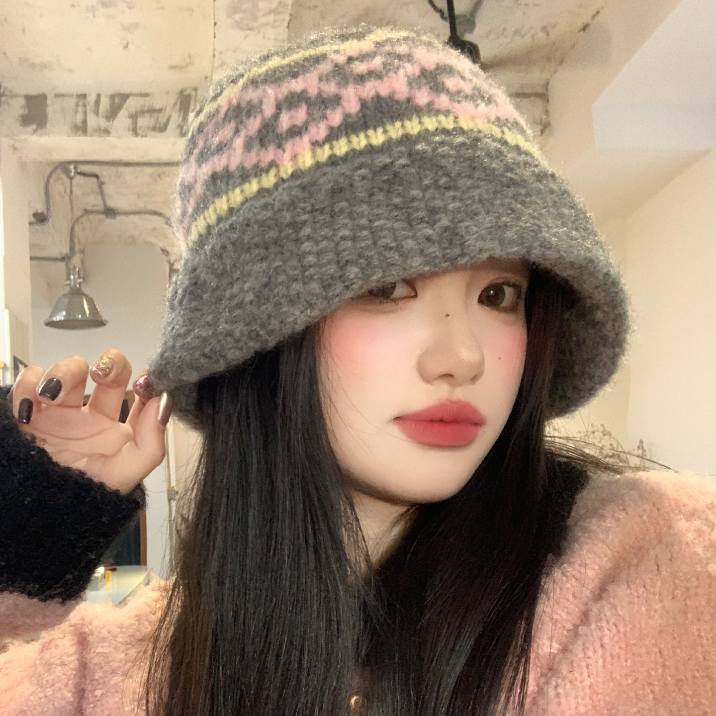 费尔岛风提花针织毛线帽女秋冬