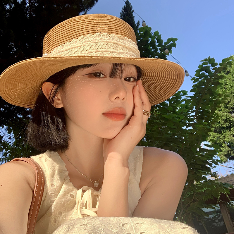 法式优雅蕾丝平顶草帽女夏季显脸小海边沙滩度假防晒遮阳太阳帽子