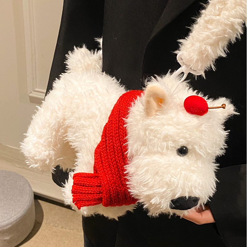 新年圣诞红色围巾可爱毛绒包包女式2025新款西高地斜挎包大容量潮