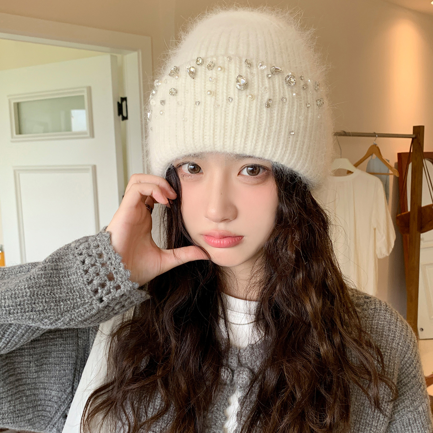 兔毛水钻针织毛线帽女秋冬保暖防寒冷帽大头围显脸小加厚护耳帽子
