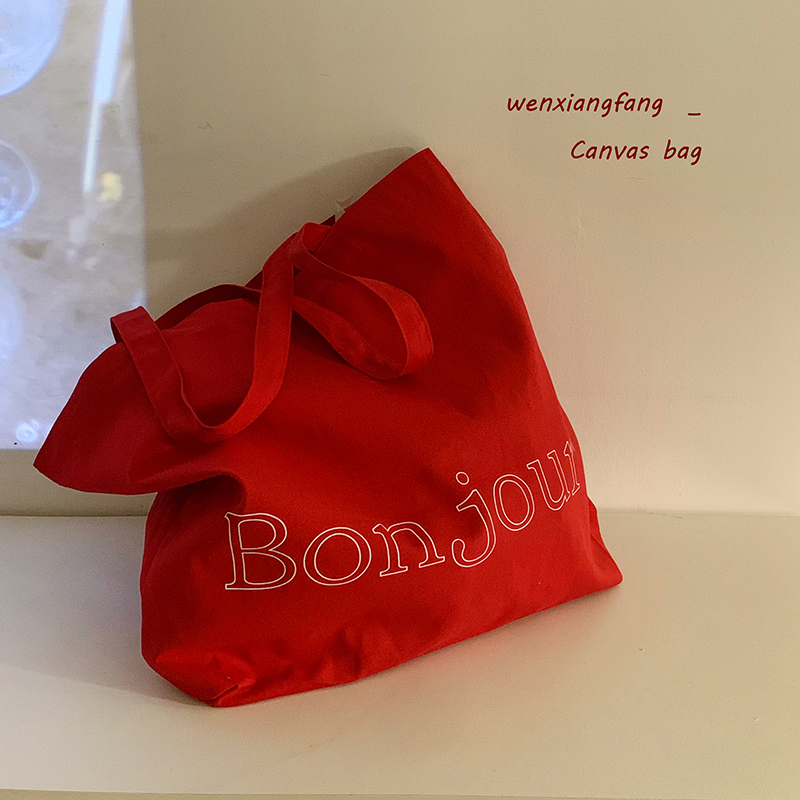 ins风红色字母大容量帆布包女夏季高颜值2025新款通勤单肩托特包
