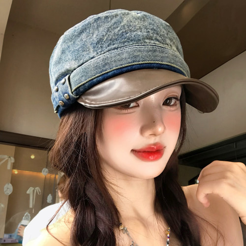 牛仔皮檐拼接平顶马术帽子女款