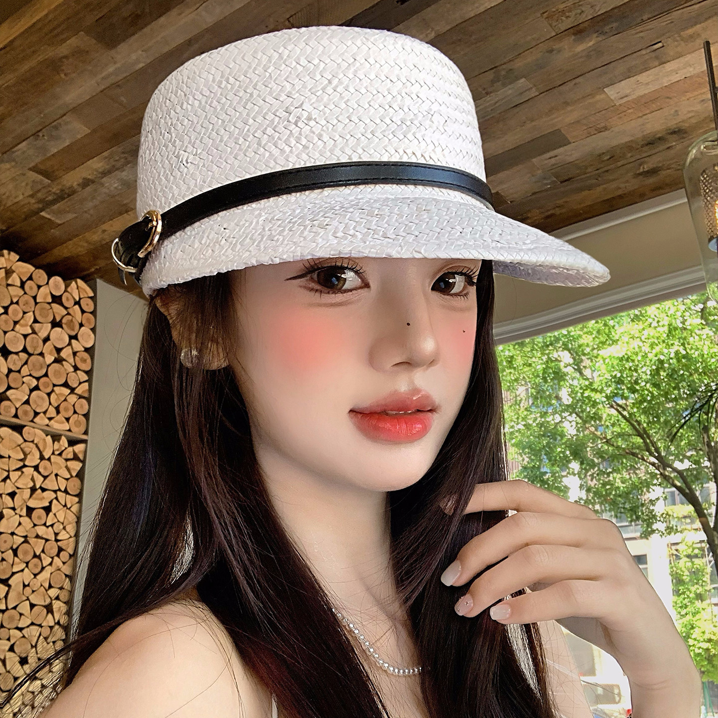 简约高级感编织皮带平顶马术帽女款时尚显脸小大帽檐防晒鸭舌帽子