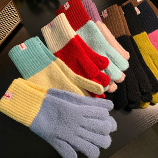 含羊毛撞色针织手套女2025年秋冬季 加厚加绒保暖防寒可触屏骑行潮