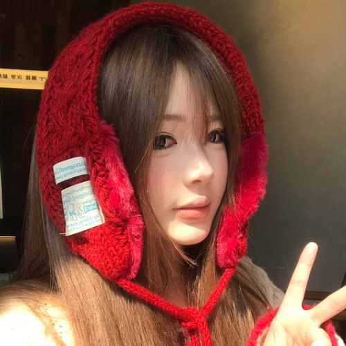 圣诞新年红色绑带针织毛线耳罩女