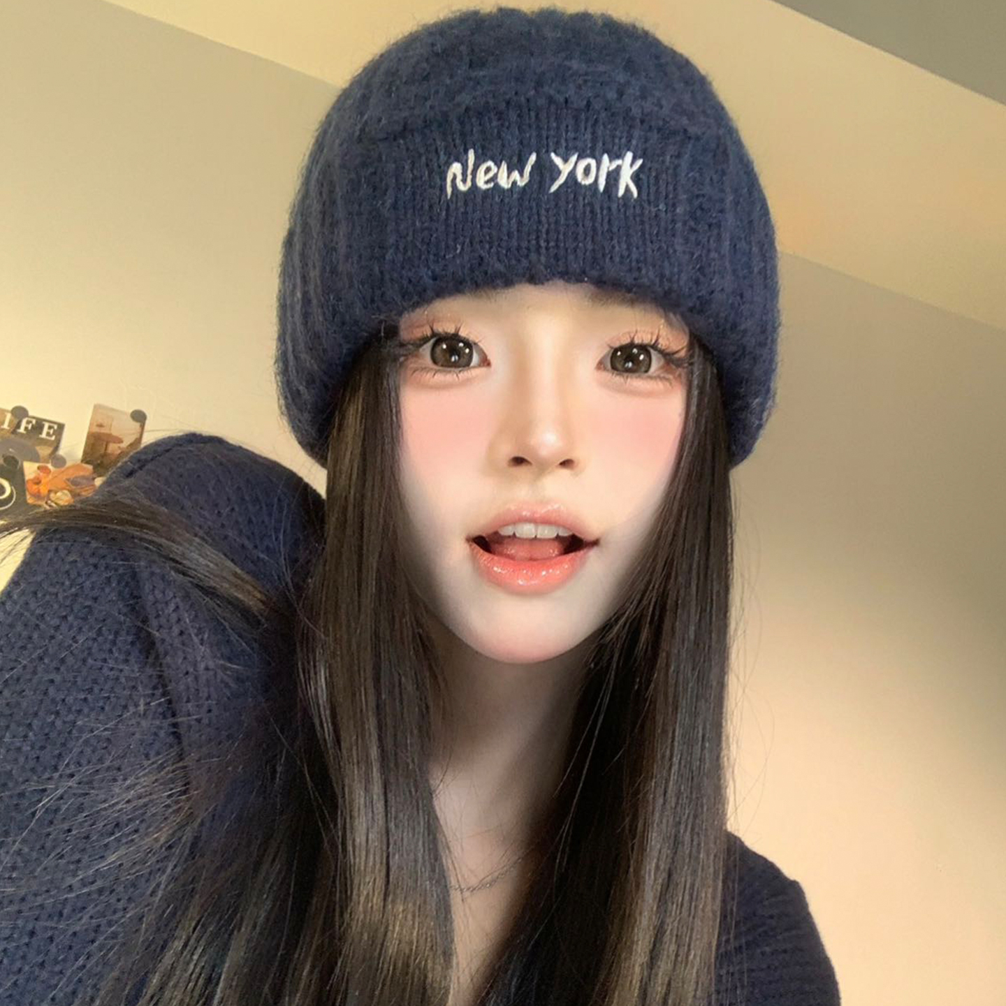 大头围字母刺绣针织毛线帽女冬季