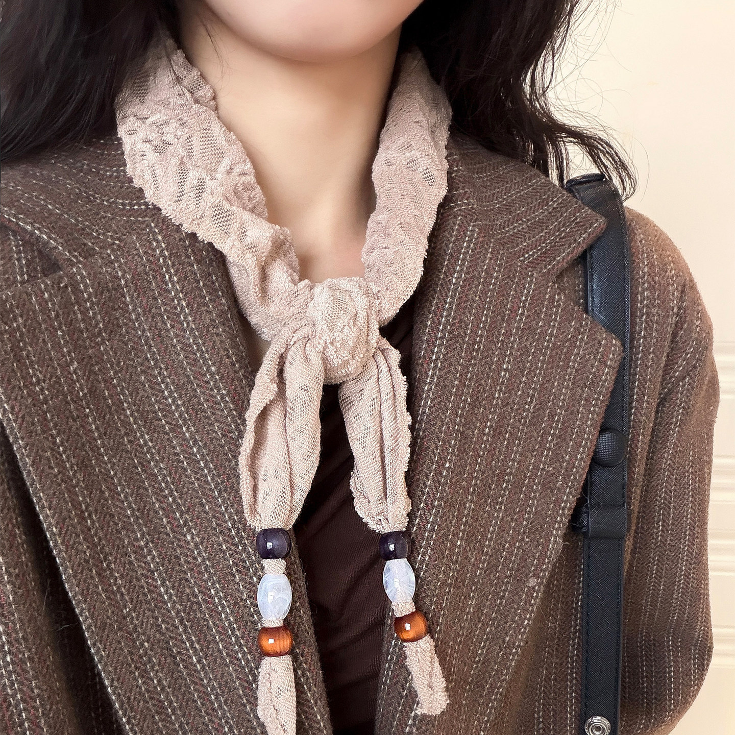 复古棉麻长条丝巾女系脖高级感文艺时尚配大衣串珠三角巾头巾颈饰