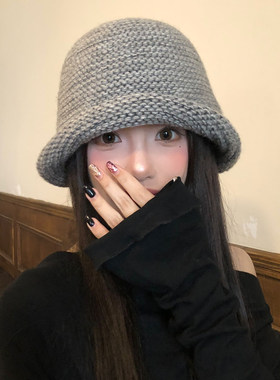 灰色复古针织卷边渔夫帽女秋冬