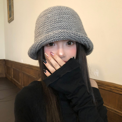 灰色复古针织卷边渔夫帽女秋冬