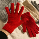 红色兔毛针织毛线手套女2025年秋冬季 防风加厚保暖防寒冻五指骑行