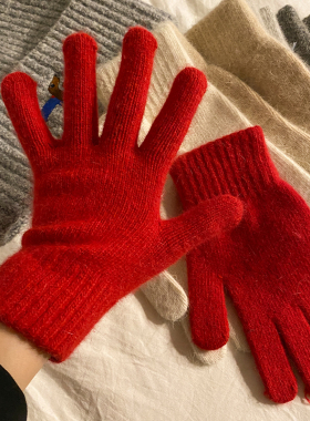红色兔毛针织毛线手套女2026年秋冬季防风加厚保暖防寒冻五指骑行