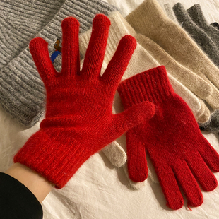 红色兔毛针织毛线手套女2025年秋冬季 防风加厚保暖防寒冻五指骑行