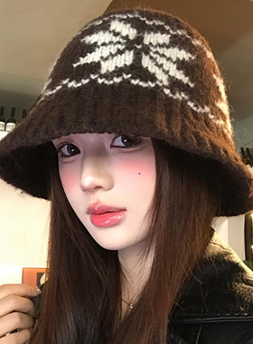 费尔岛咖色含羊毛针织渔夫帽女秋冬保暖显脸小毛线帽子大头围盆帽