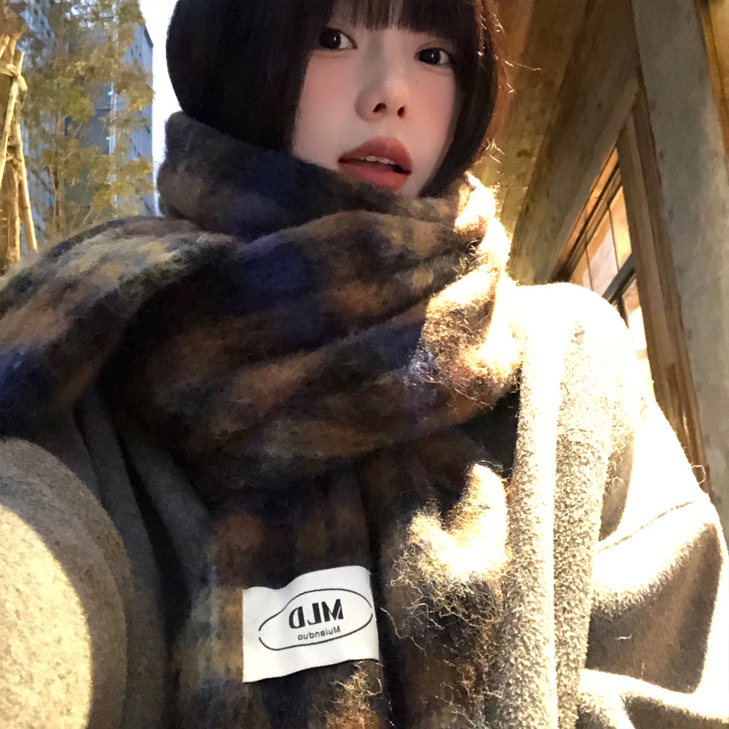 韩系氛围感马海毛格子围巾女冬季