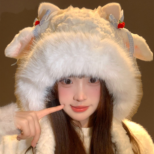 可爱小羊耳朵会动蝴蝶结毛绒帽子女冬保暖加绒加厚防寒护耳雷锋帽