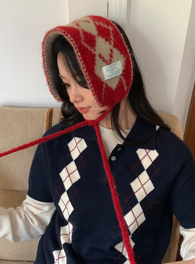 红色复古菱格绑带针织耳罩女秋冬