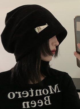 黑色堆堆帽女韩版百搭ins网红金属标冷帽显脸小大头围包头帽子潮