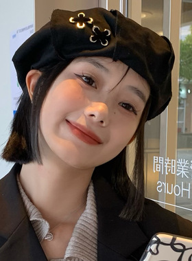 韩系百搭八角贝雷帽女春夏大头围显脸小黑色小香风蓓蕾画家帽子潮
