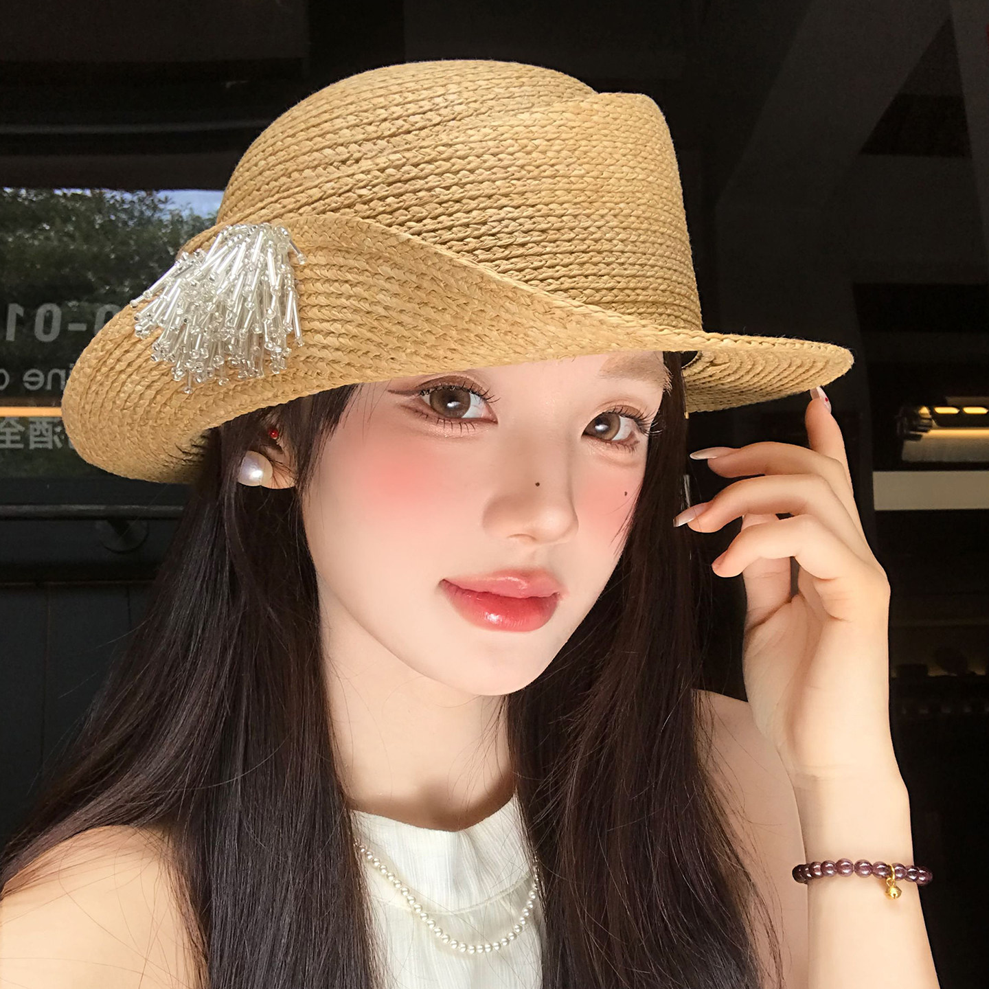 法式千金风烟花流苏卷边编织草帽女夏季气质礼帽海边拍照防晒帽子