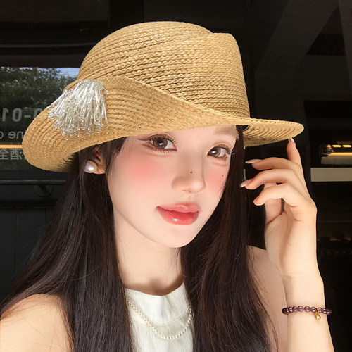 法式千金风烟花流苏卷边编织草帽