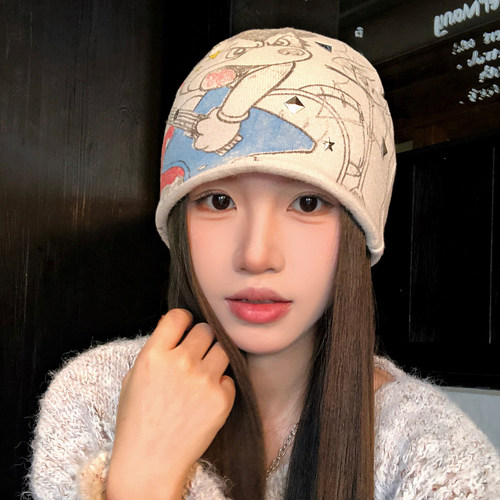 手绘卡通摇滚小狗铆钉针织冷帽