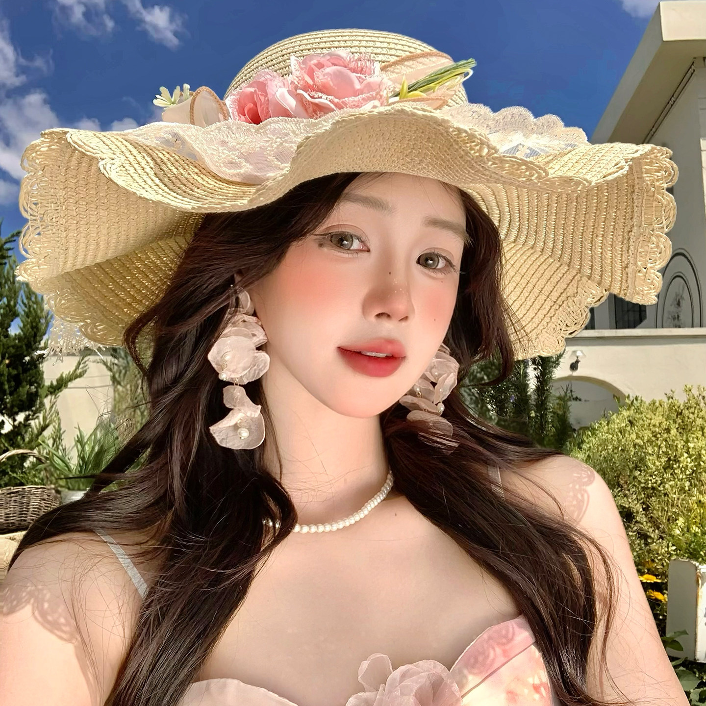 田园风蕾丝花朵草帽女夏法式海边图片