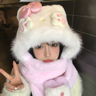 可爱小猫爪蝴蝶结毛绒帽子围巾手套一体女冬季加厚保暖防寒三件套