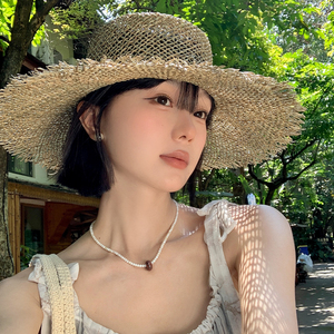 老钱风镂空平顶草帽女夏季复古海边沙滩度假防晒帽大帽檐太阳帽子
