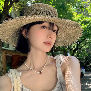 老钱风镂空平顶草帽女夏季 复古海边沙滩度假防晒帽大帽檐太阳帽子