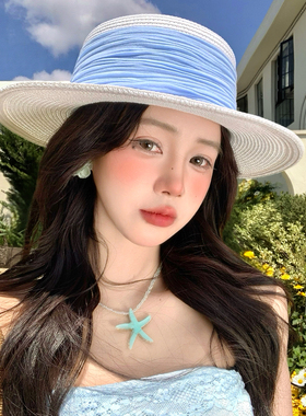 法式平顶蓝色织带编织草帽女夏海边沙滩度假防晒遮阳礼帽太阳帽子