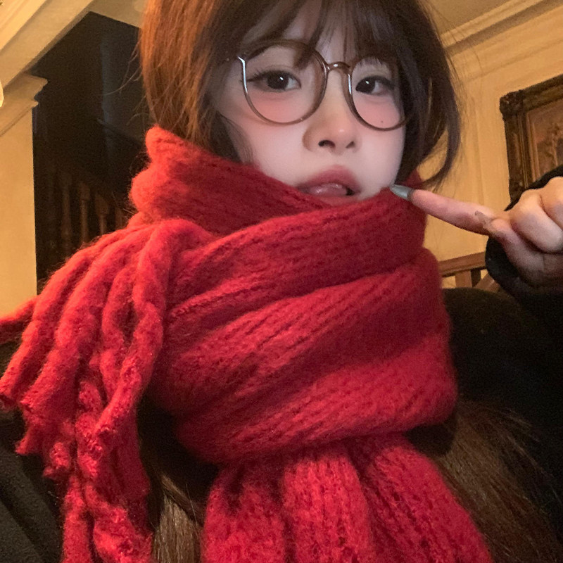 新年圣诞红色含羊绒针织围巾女款2025新款冬季高级感加厚保暖围脖