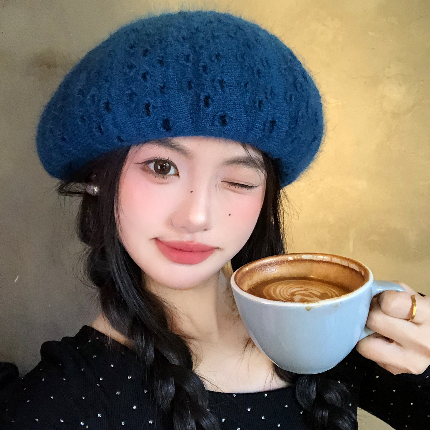 复古针织蓝色破洞贝雷帽女秋冬显脸小日系大头围保暖百搭画家帽子