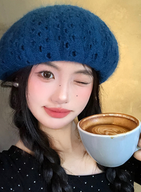 复古针织蓝色破洞贝雷帽女秋冬显脸小日系大头围保暖百搭画家帽子