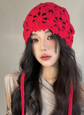 民族风流苏红色针织帽女春夏季薄款镂空手工帽子显脸小钩花包头帽