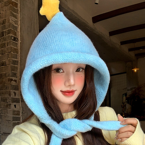 可爱星星绑带针织护耳帽女秋冬季