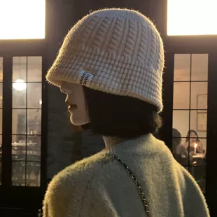 针织毛线渔夫帽女秋冬季 日系大头围百搭水桶帽米色百搭保暖帽子潮