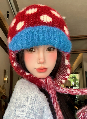 红色复古撞色波点针织毛线帽女冬