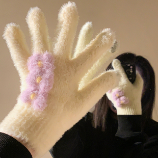 毛茸茸蝴蝶结针织五指手套女冬季 加厚保暖御寒骑行可触屏毛绒分指