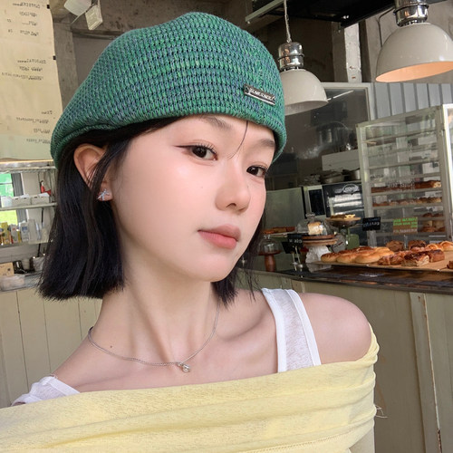 韩版镂空针织绿色贝雷帽女夏季