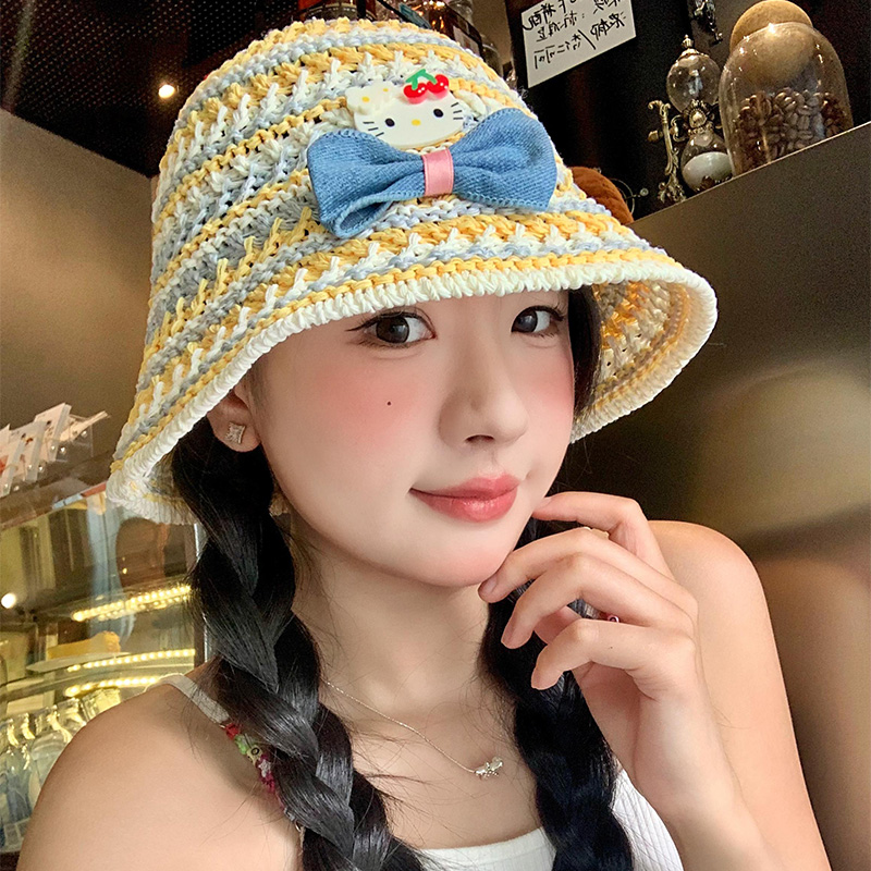 可爱kitty猫蝴蝶结镂空渔夫帽