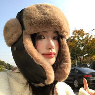 东北户外骑行皮质雷锋帽女冬加绒加厚保暖防寒飞行帽防风护耳帽子
